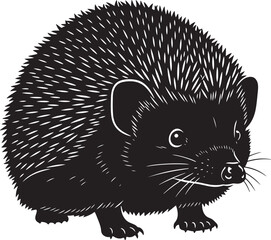Hedgehog in black and white silhouette graphic illustration standing, showcasing detailed spines and features, isolated on white background.