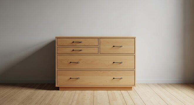 Wooden dresser with metal handles in a light and airy room setting