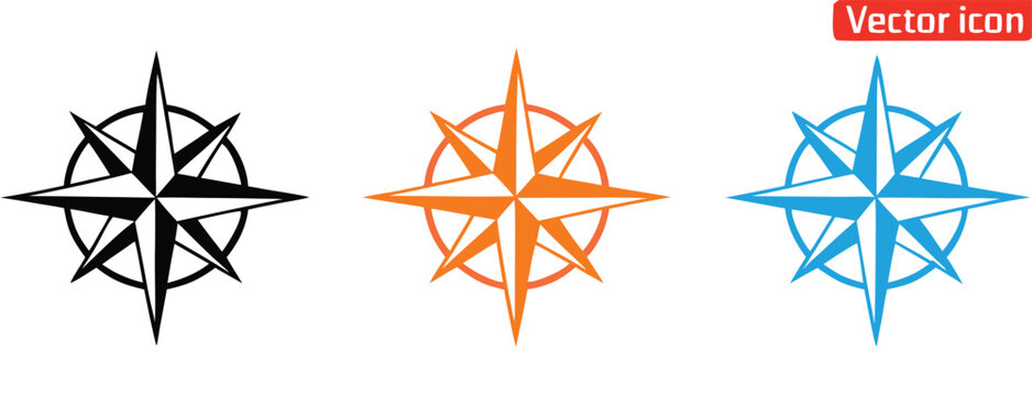 Modern compass rose icons set,Compass icon.Nautical compass with north,south, west east for map and travel.Logo for direction and navigation.Compass icons set. Set of compass symbols on white isolate.