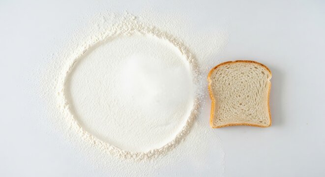 Trendy white color 2026 year. Slice of white bread next to a circle of flour. Baking ingredient and ready product for culinary and recipe use. - Powered by Adobe