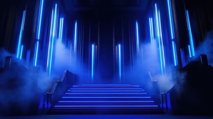 a captivating scene featuring stairs illuminated with vibrant neon blue lights, surrounded by ethereal fog and framed by imposing black structures