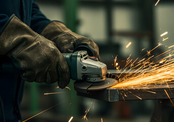 Worker using angle grinder on metal with bright sparks flying
