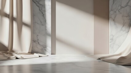 Elegant sunlit room with marble walls and floor, soft beige curtains, and dramatic window shadows.