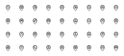 Placeholder_5629 icon set. Vector illustration. Incldes symbols for money, creit card, hotel, restaurant shopping, taxi, wifi, ATM and more. Editable stroke