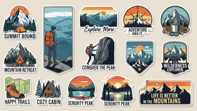 Collection of Mountain Adventure Stickers and Badges for Outdoor Enthusiasts.