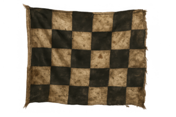 Vintage dirty checkered flag hanging, representing racing, win, success, challenge, and finishing line concept