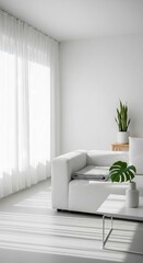Naklejka premium Trendy white color 2026 year. Modern white living room interior with a sofa, blanket, houseplant, and transparent curtain. Minimalist design for home decor and renovation, VERTICAL
