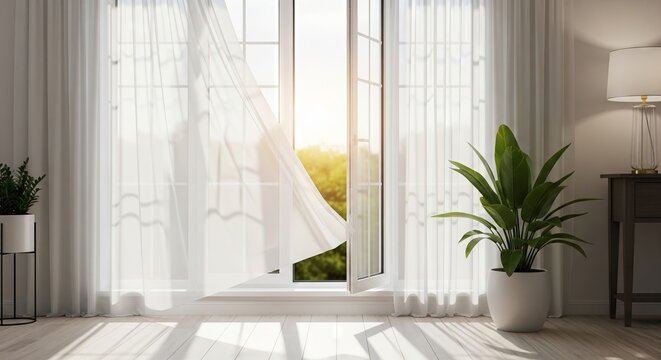 Trendy white color 2026 year. Open window with white curtains blowing in the breeze, bright sunlight streams into a modern minimalist room with potted plant for interior design