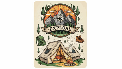 Obraz premium Vintage outdoor adventure illustration with camping tent and mountain emblem.