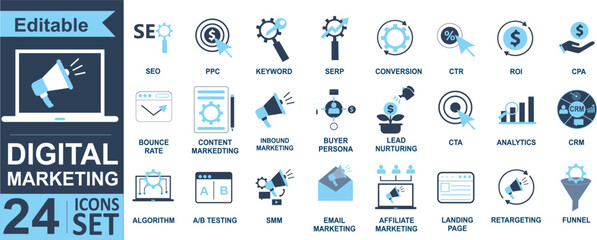 Digital Marketing Strategy and Performance 24 Icons Set. SEO, PPC, Analytics, Conversion, CTR, Lead Nurturing, A/B Testing, Funnel, and Retargeting Symbols.