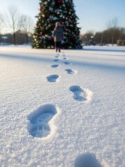 Fresh Snow Footprints Path Leading to Festive Outdoor Christmas Tree