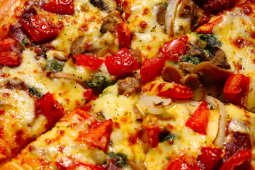 Vegetarian pizza topped with melted cheese, mushrooms, onions, and tomatoes.