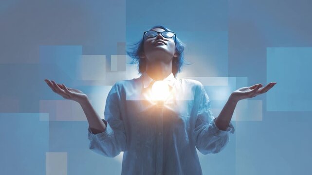  Serene Reflection: A woman stands with her eyes closed, arms outstretched towards the sky, bathed in a soft glow that emanates from within, embodying a sense of peace and contemplation.