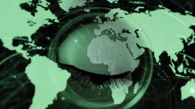Global Eye: A thought-provoking conceptual composition merging an eye with a map of the world, rendered in cool tones, symbolizes interconnectedness and global awareness.