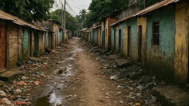 A narrow dirt alley lined with weathered shacks and rusted tin roofs is strewn with trash and puddles, capturing a bleak scene of urban poverty under a grey sky.
