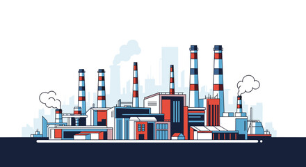 Modern industrial factory complex with smokestacks emitting smoke against a city skyline, representing production and energy generation.