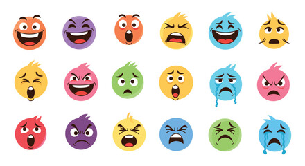 A diverse collection of colorful cartoon emojis expressing a wide range of human emotions such as joy, sadness, anger, and surprise.