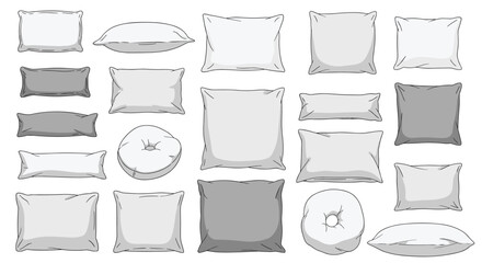 A comprehensive collection of pillows and cushions in various shapes and sizes, presented in neutral grey and white tones, perfect for home decor concepts.