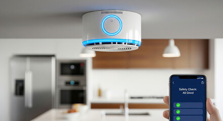 Hand holding a smartphone displaying an all good safety check from a smart home device. Intelligent technology for house security and modern living.