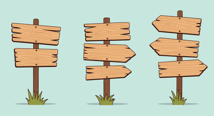 Three rustic wooden signposts with blank planks and arrow shapes, standing in grass against a light blue background.