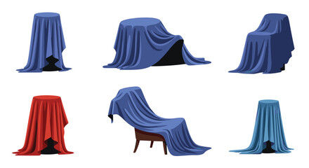 Mystery objects covered with flowing blue, red, and light blue cloths on a white background.