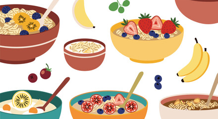 Assortment of healthy breakfast oatmeal bowls topped with fresh fruits like berries, kiwi, and bananas, ideal for a nutritious meal.