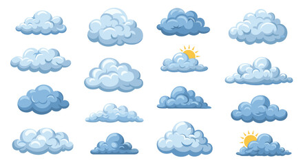 Fototapeta premium A collection of various cartoon-style clouds in different shapes and shades of blue, some with sun peeking through, against a white background.