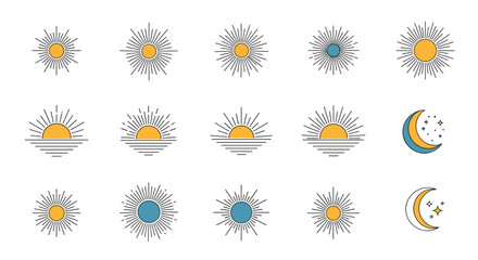 A minimalist collection of line art icons featuring sun, moon, and sunrise/sunset designs, suitable for various design projects and digital assets.