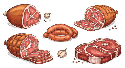 Assortment of fresh and processed meat products including ham, sausages, a raw steak, and netted roasts with garlic and peppercorns.