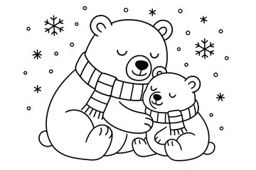 Adorable christmas coloring page featuring two cartoon bears in winter scarves surrounded by snowflakes. concept of holiday activity, cute illustration, family fun