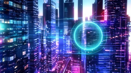 futuristic cityscape at twilight displays a holographic globe, representing global connectivity in a world powered by data and technology - Powered by Adobe