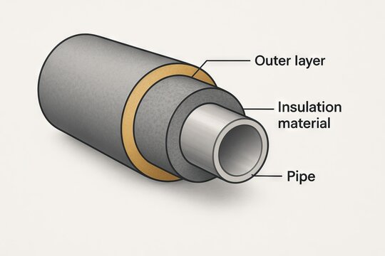 Illustrated cross-section of pipe insulation layers showing outer layer, insulation material, and inner pipe structure for industrial application concept