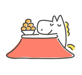 こたつでのんびりする白馬キャラクター　寝る・蜜柑