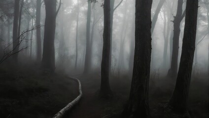 Misty forest path, dark trees