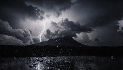Dramatic storm clouds gather over a dark mountain range, lightning flashes brightly, and rain falls heavily on a wet ground
