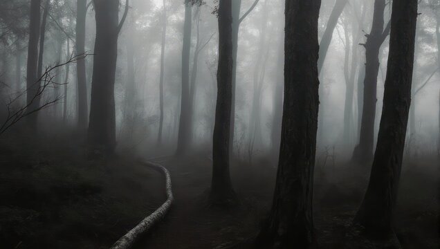 Misty forest path, dark trees - Powered by Adobe
