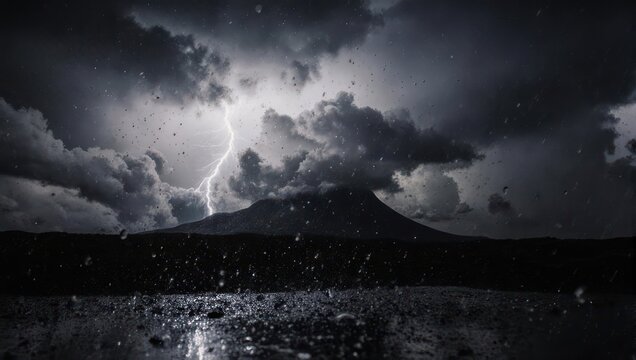 Dramatic storm clouds gather over a dark mountain range, lightning flashes brightly, and rain falls heavily on a wet ground