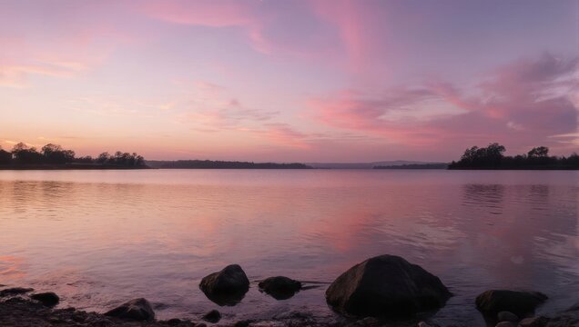 Calm lake at sunset, soft pink hues reflecting on water.  Rocky shore
