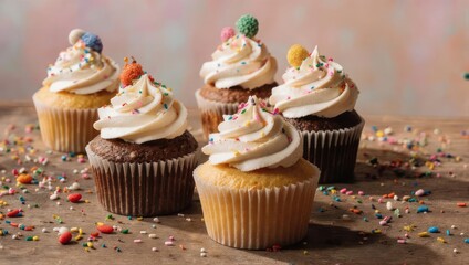 A close-up of several cupcakes, various colors and toppings