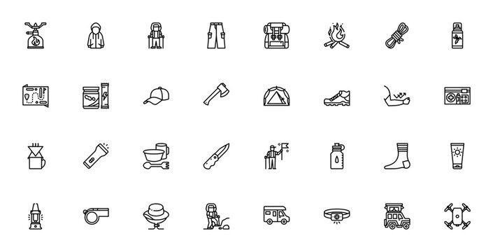 Camping and trekking icon set. Vector outdoor icons ack. Includes symbols for ent, backpack, axe, map, frst aid, flashlight, gas, ope and more.
