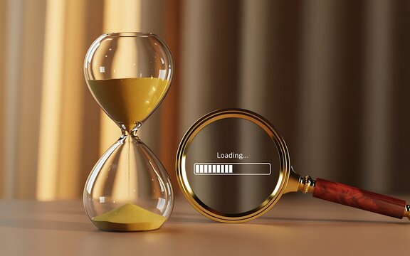 Hourglass and Magnifying Glass with Loading Bar on Beige Background, Time and Progress Concept - Powered by Adobe