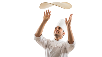 Chef tossing pizza dough in the air isolated on transparent background