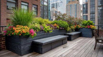 Obraz premium Vibrant Rooftop Garden with Colorful Flowers and Cozy Seating in Urban Landscape