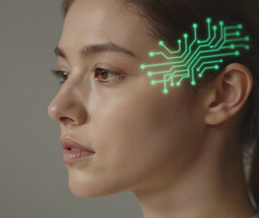 A young woman in profile features a glowing green circuit pattern superimposed on her temple, representing advanced technology and digital interface.