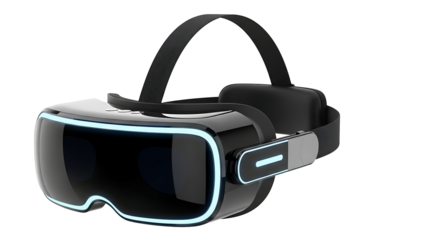 Modern virtual reality headset with glowing blue light isolated on transparent background