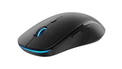 Black wireless computer mouse with blue led light isolated on transparent background