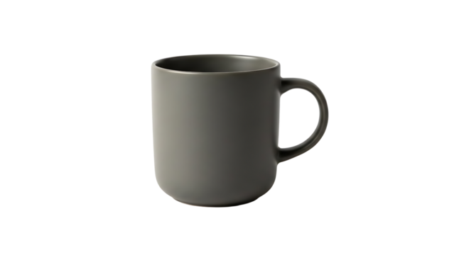 Simple gray ceramic coffee mug isolated on transparent background