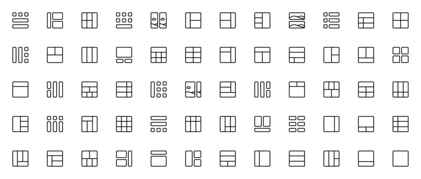 Grid layout icon set. Web design vector collection. eatures thumbnails, interfce, sidebar, layout, sectins, blocks, list, header, ooter and more. Editable lnear icons.
