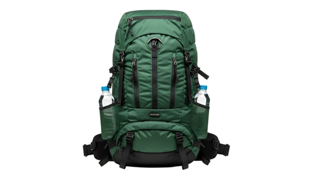 Green hiking backpack with water bottles isolated on transparent background