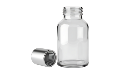Empty clear glass vial with screw cap isolated on transparent background